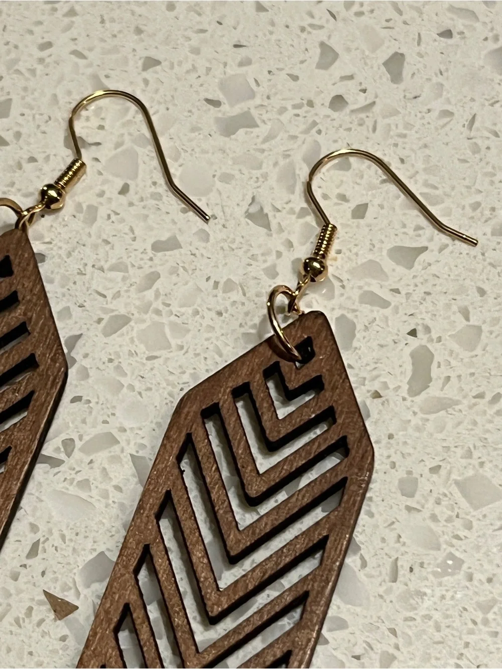 Brown Hollow Hexagon Striped Dangle Wooden Earrings, Minimalist & Casual